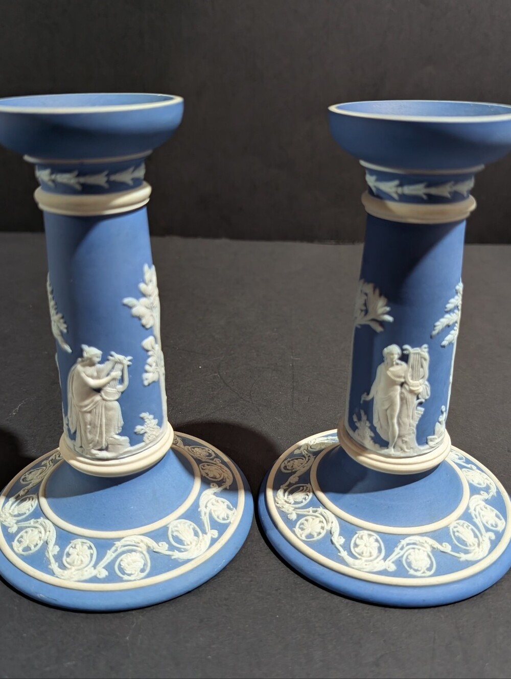 Set of 2 Wedgwood Jasperware Candlesticks Portland Blue 6"